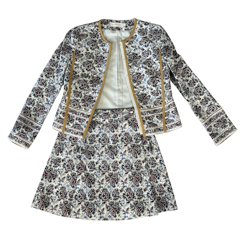 Tory Burch Floral Jacquard Crewneck Jacket with Tan Trim - Picture 10 of 11